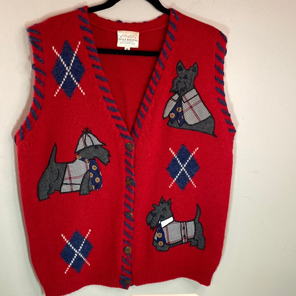 Vintage 1993 Susan Scottie Dog Shetland Wool Argyle Sweater Vest - Picture 1 of 10
